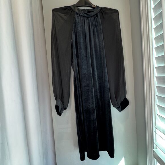 Calvin Klein Dresses & Skirts - Calvin Klein Black Velvet Sheath Mini Dress -Sheer Chiffon Balloon Sleeves Sz 12